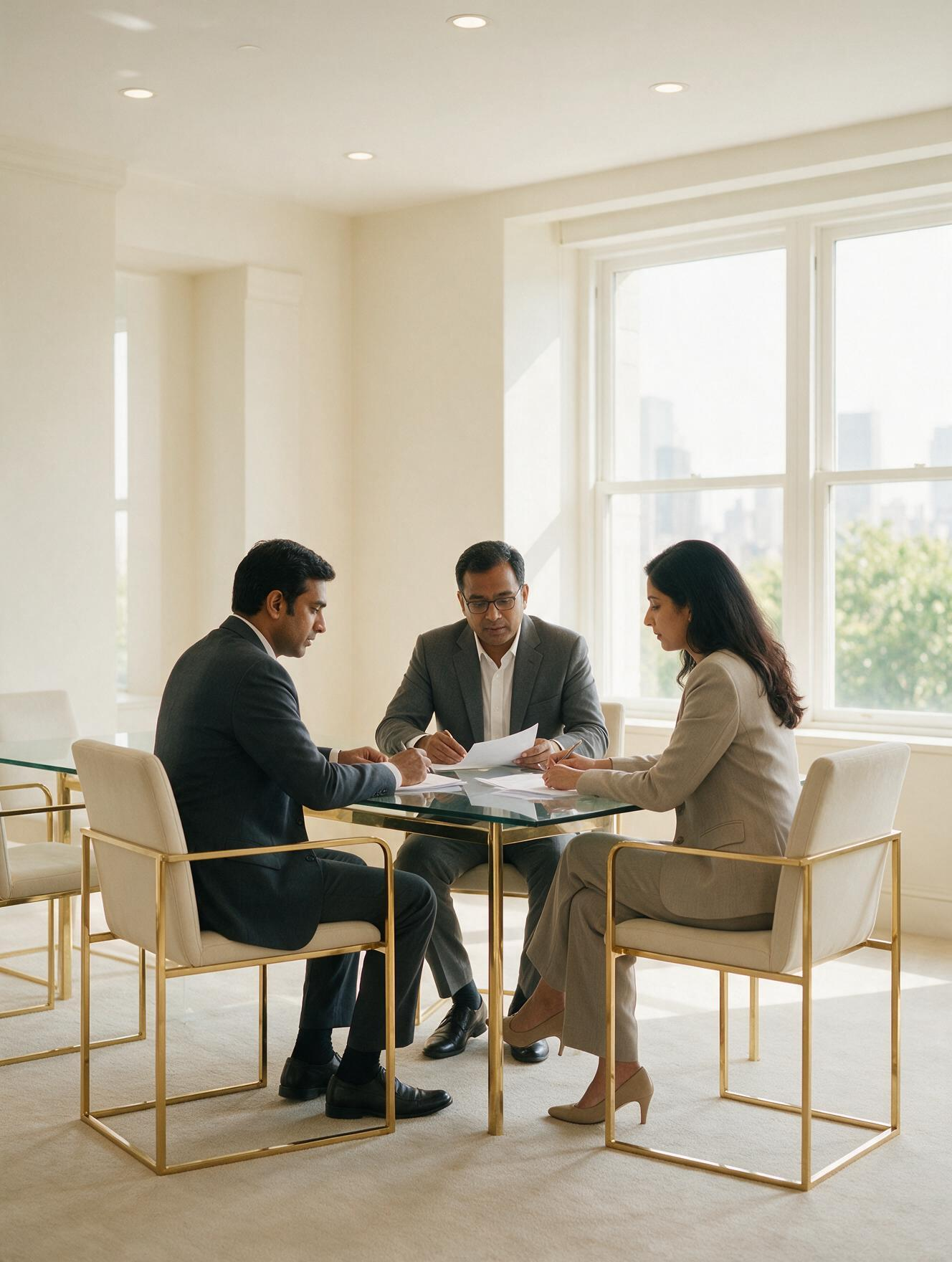 Advisors in discussion around a glass conference table