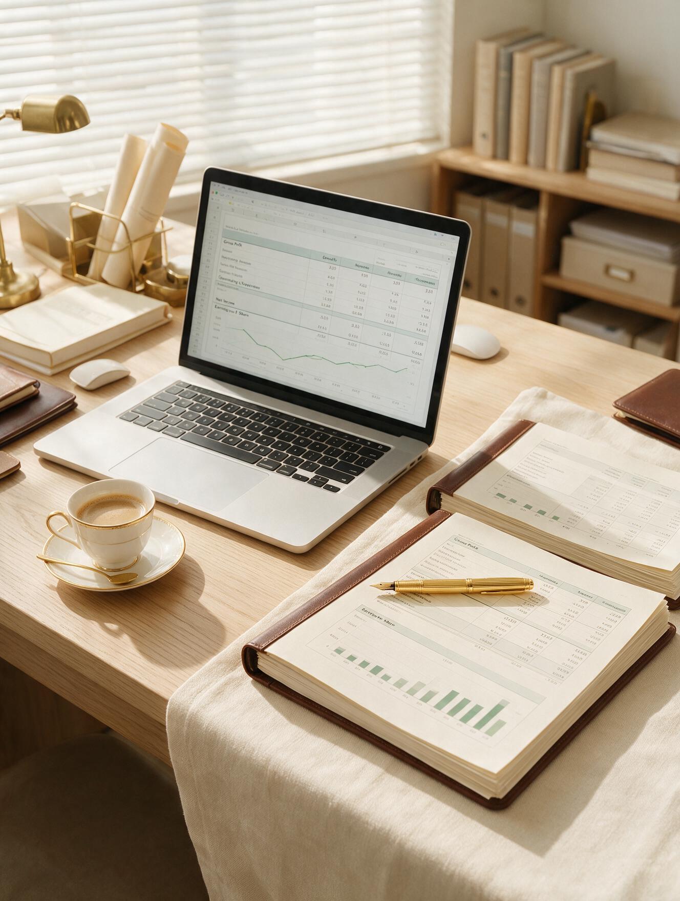 An accounting desk with reports, gold pen and coffee